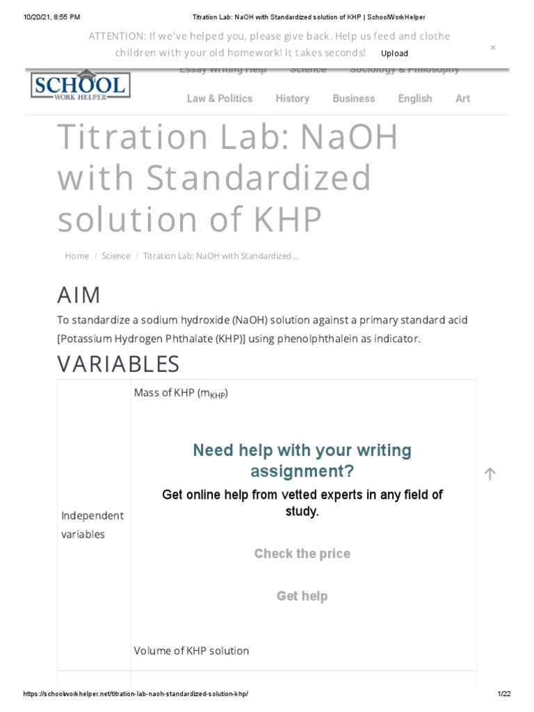 Calculations. Titration Lab NaOH With Standardized Solution of KHP