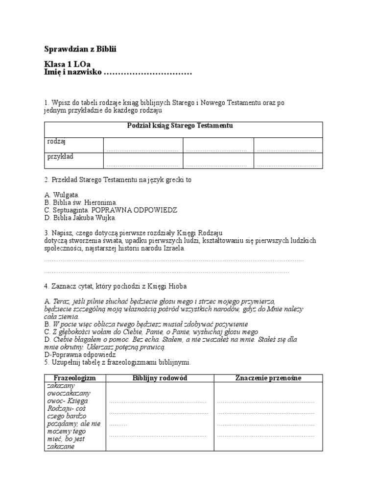 Sprawdzian Z Biblii Klasa 1 Loa Imię I Nazwisko . Podział Ksiąg Starego Testamentu PDF