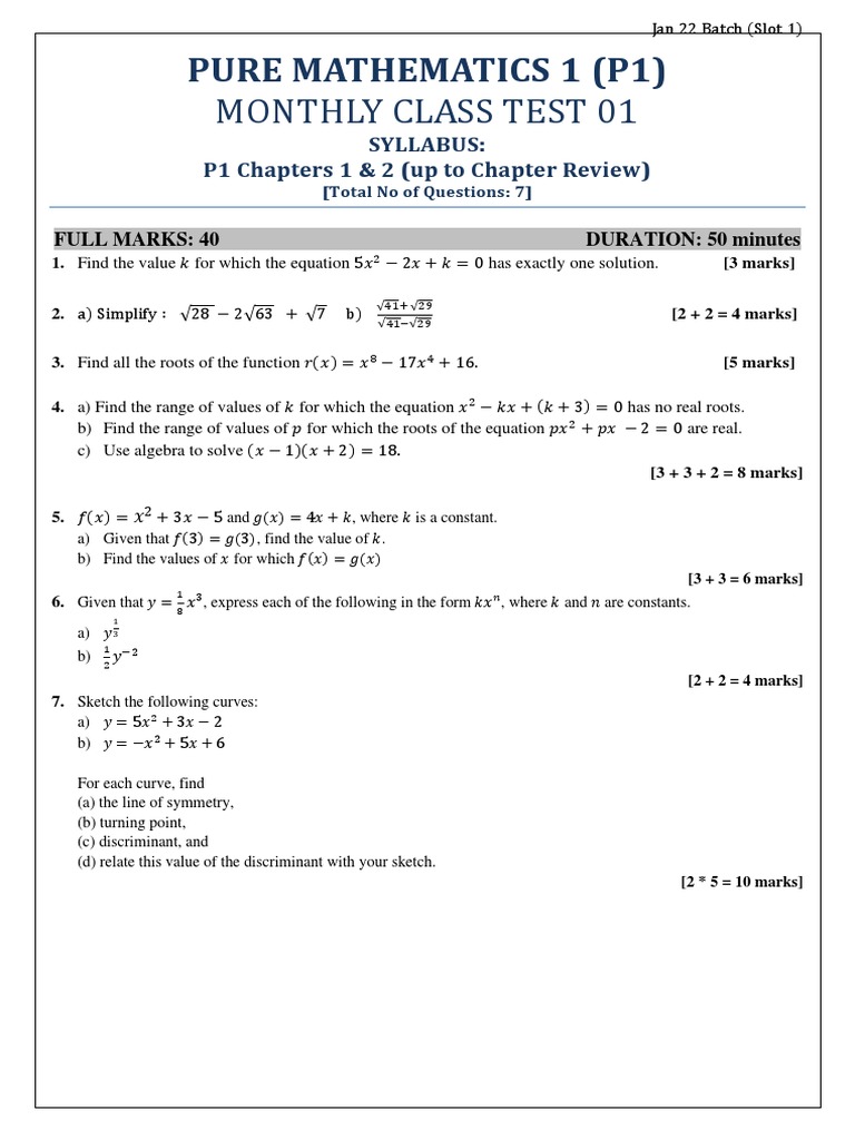 Monthly Class Test 01: Pure Mathematics 1 (P1) | PDF