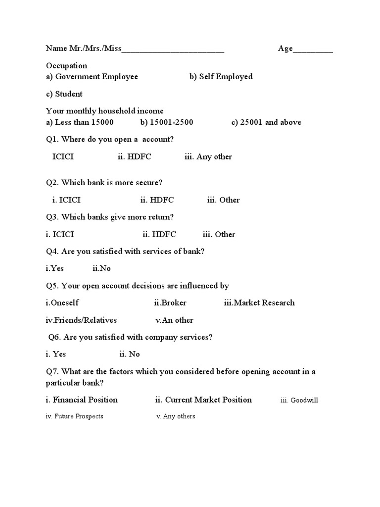 Bank Account Survey Questionnaire | PDF