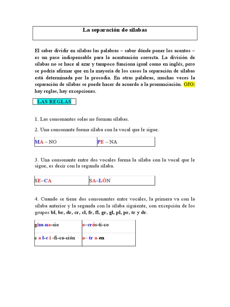Reglas de separación de sílabas | PDF | Artes del Lenguaje y ...