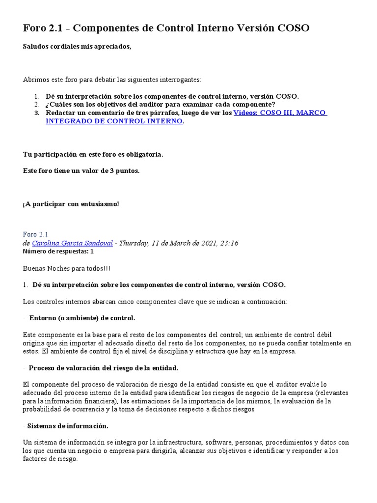 Componentes de Control Interno COSO | PDF | Contralor | Auditoría