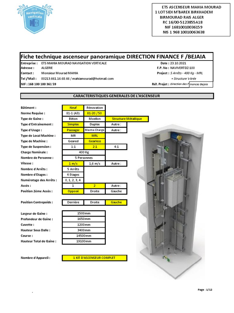 Fiche Technique PDF Ascenseur Génie du bâtiment
