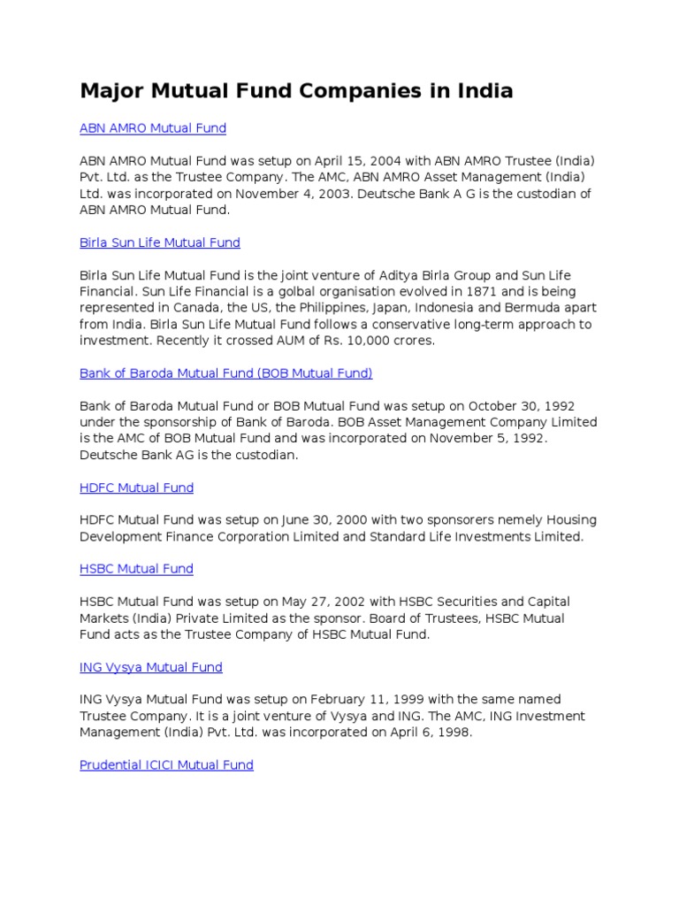 Major Mutual Fund Companies In India Mutual Funds Investing