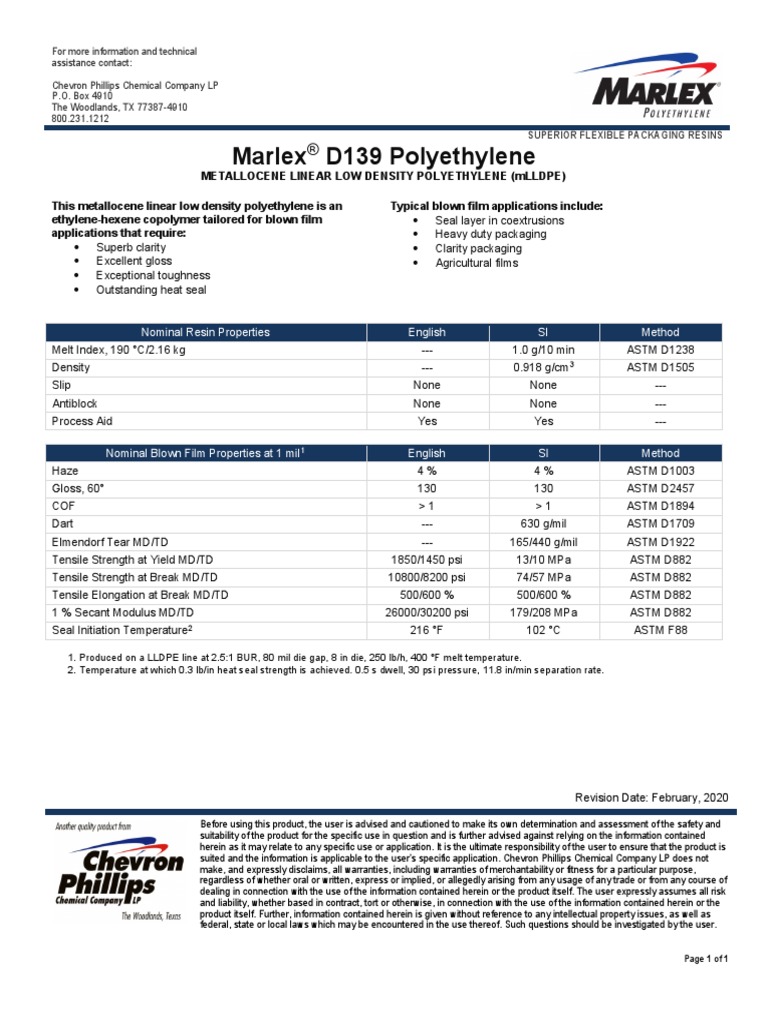 Marlex D139 Polyethylene Nominal Resin Properties English SI Method