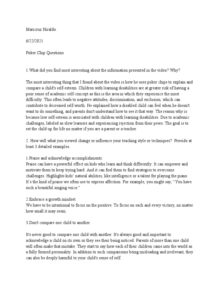 Poker Chips PDF Learning Disability Self Esteem