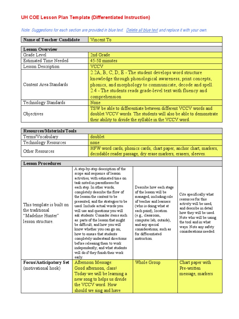 Tovincent Observation2 Lesson Plan-Differentiated Instruction