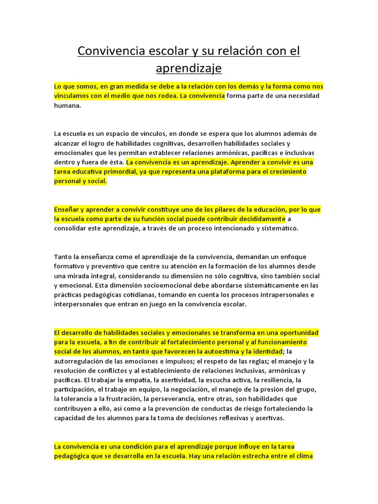 Convivencia Escolar y Su Relación Con El Aprendizaje | PDF