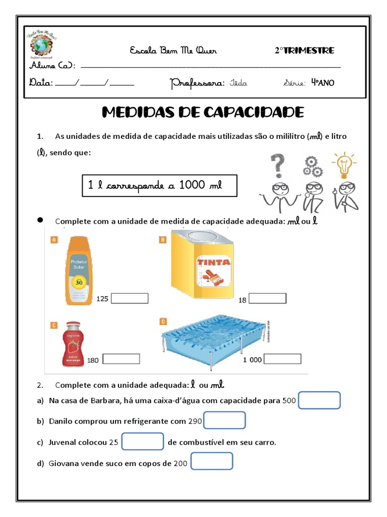 Atividades de Medidas de Capacidade 4º Ano | PDF | Gastronomia, comida ...