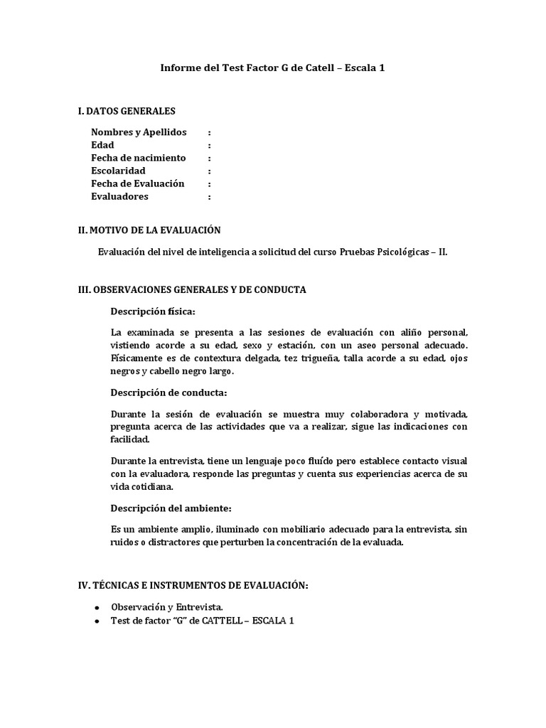 Modelo de Informe Del Test de Cattell | PDF | Cociente de inteligencia ...