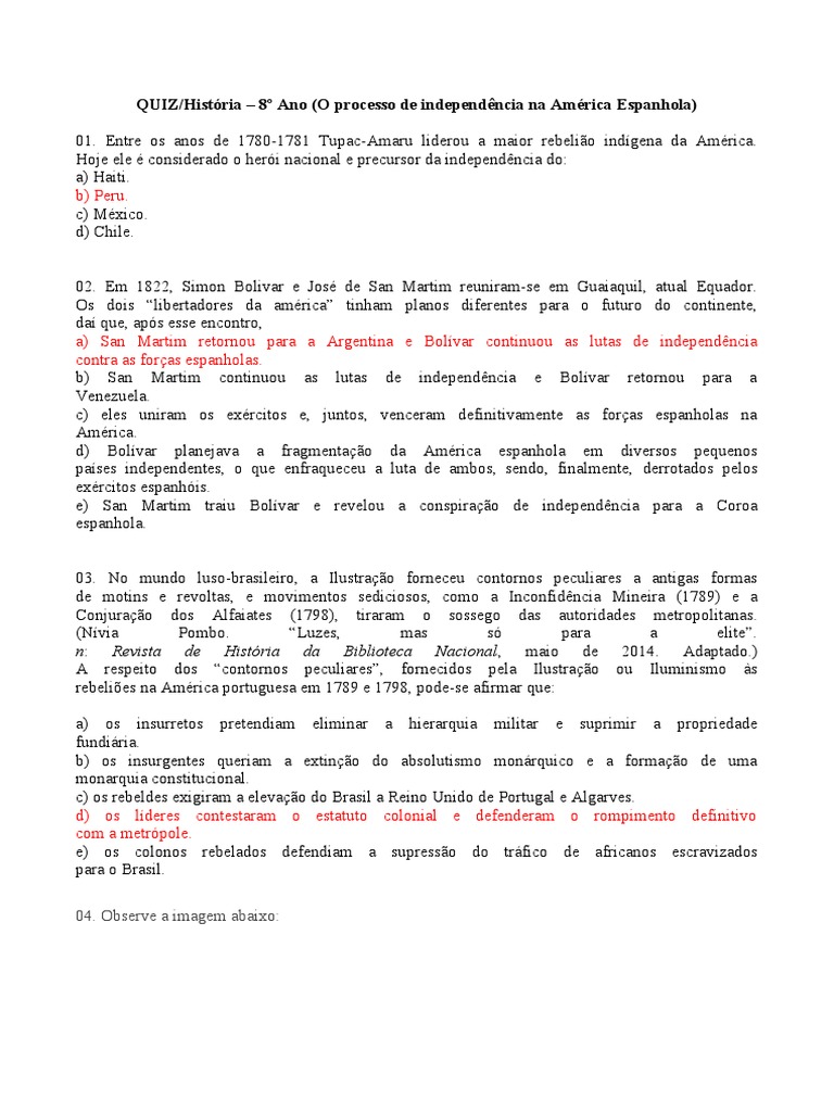 QUIZ - HISTÓRIA - 8º Ano - Processo de Independência Na América Espanhola, PDF, Espanha