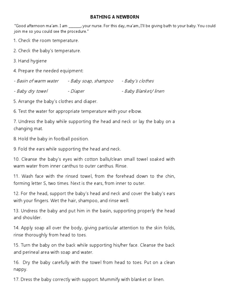 Newborn Bathing Procedure Guide | PDF | Cooking, Food & Wine | Self ...