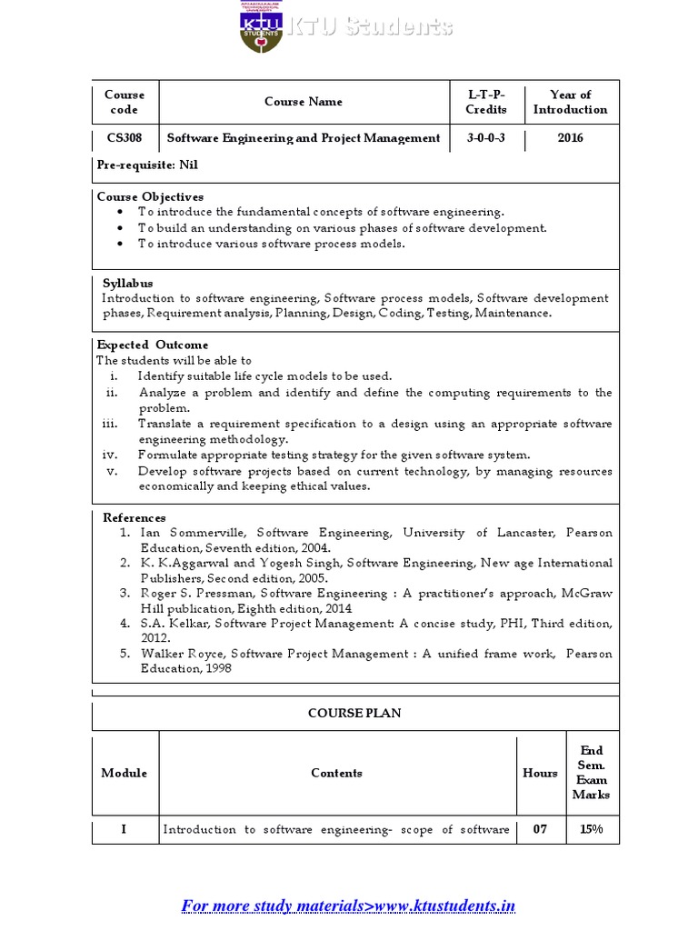 CS308 Software Engineering Syllabus | PDF | Software Engineering | Software