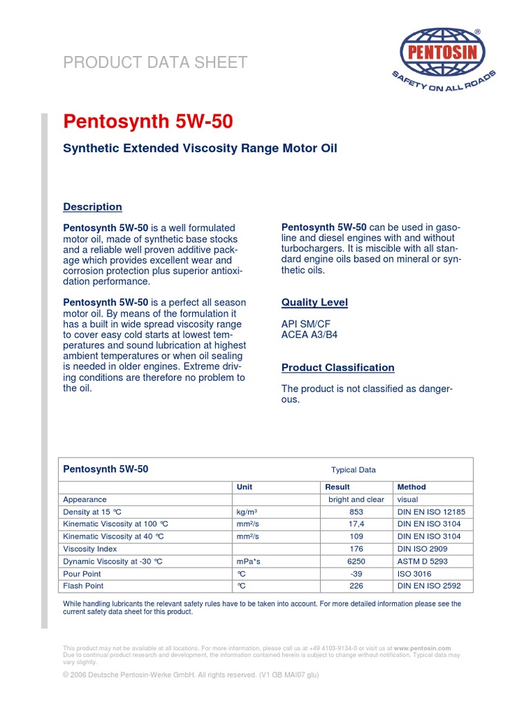 Pentosynth 5W-50: Product Data Sheet | PDF | Motor Oil | Liquids