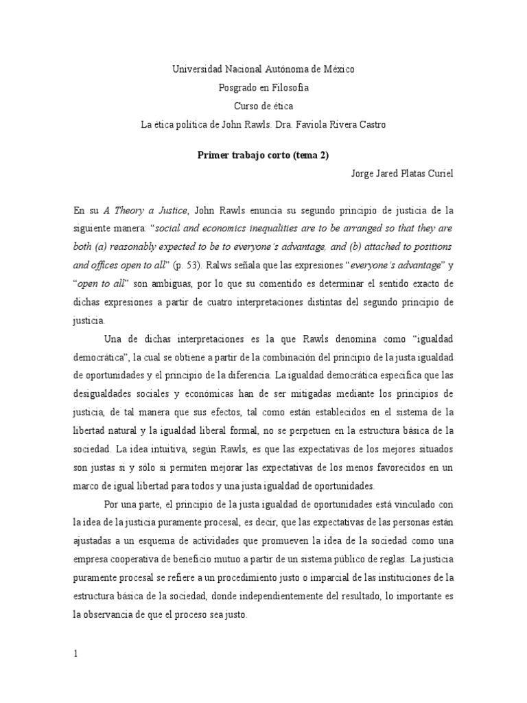 Notas de Clase John Rawls. La Posición Original PDF John Rawls Discriminación y relaciones