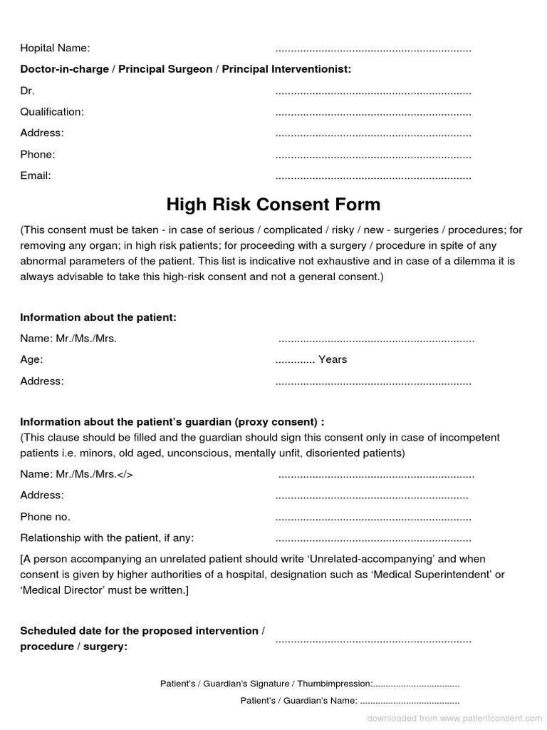 High Risk Consent Form: Doctor-In-Charge / Principal Surgeon ...