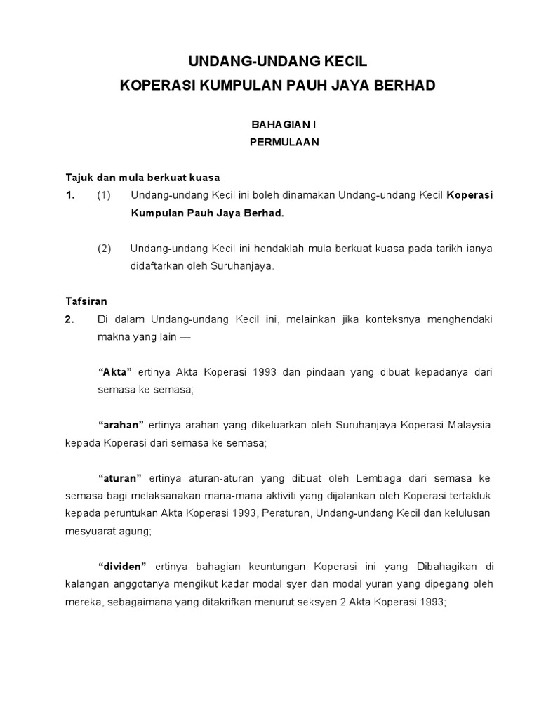 Undang Undang Kecil Koperasi Kumpulan Pauh Jaya Berhad Pdf