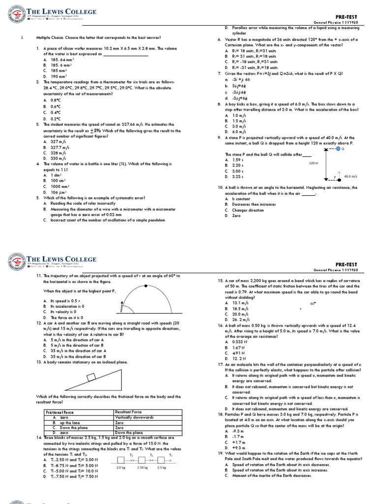 General Physics 1 Pre-Test Questions | PDF | Kinetic Energy | Momentum