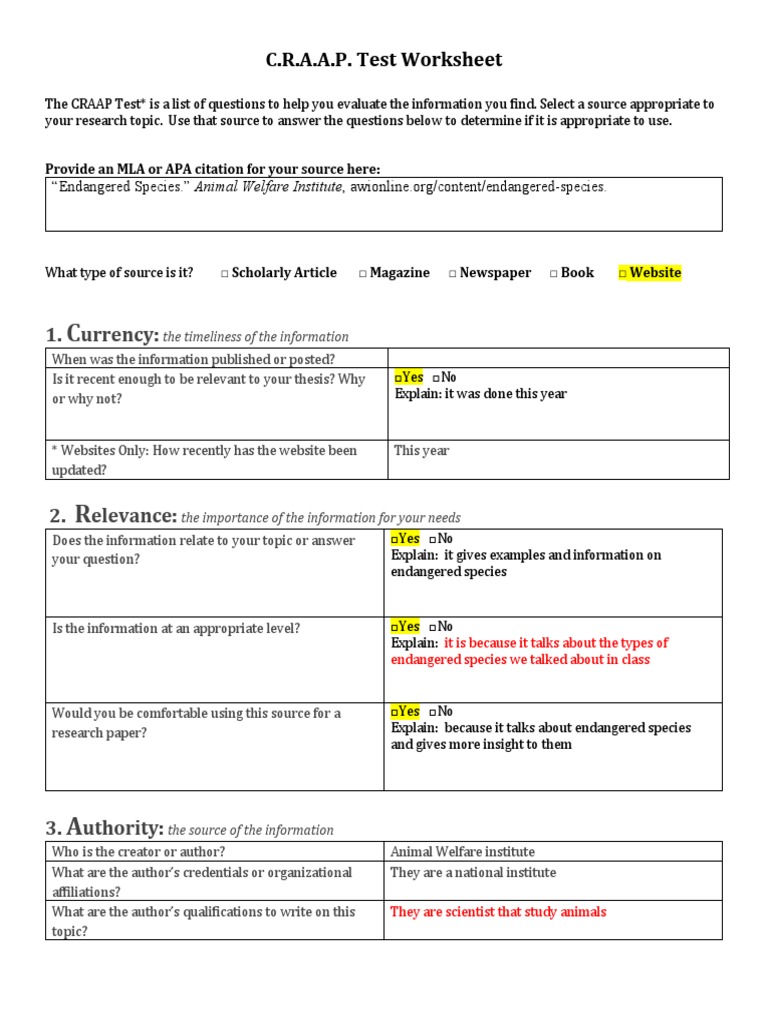 C.R.A.A.P. Test Evaluation Worksheet | PDF | Cognition | Communication