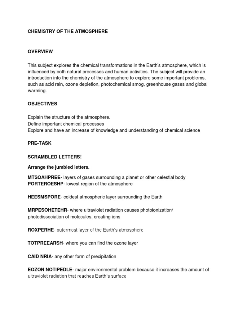 Chemistry of the Atmosphere Overview | PDF | Atmosphere | Atmosphere Of ...