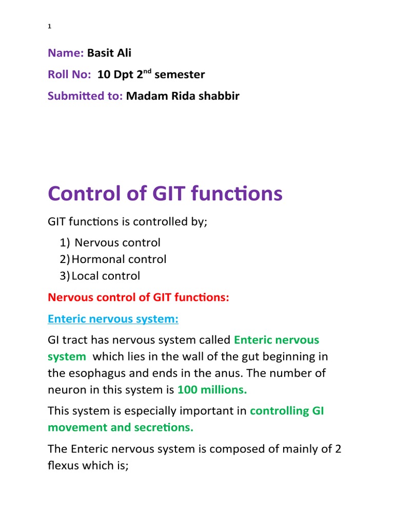 Control of GIT Functions Assignment | PDF | Gastrointestinal Tract ...