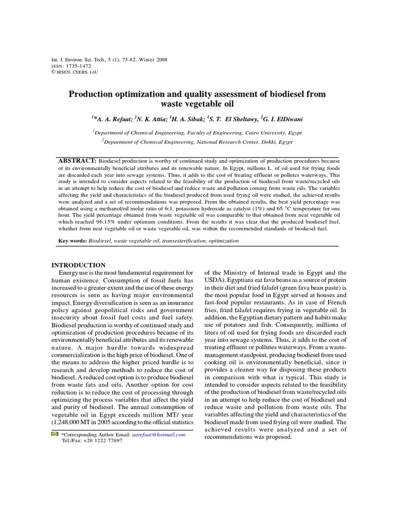 Production Optimization and Quality Assessment of Biodiesel From Waste