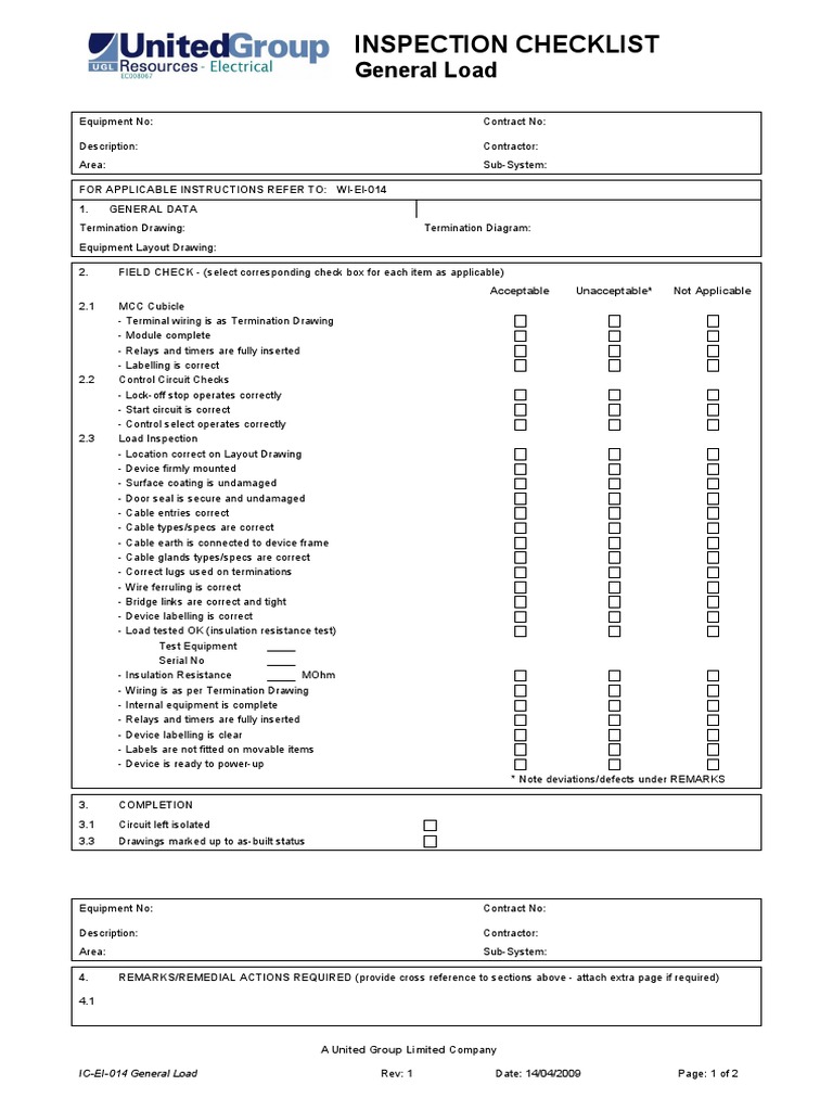 Inspection Checklist General Load PDF Electrical Wiring Relay