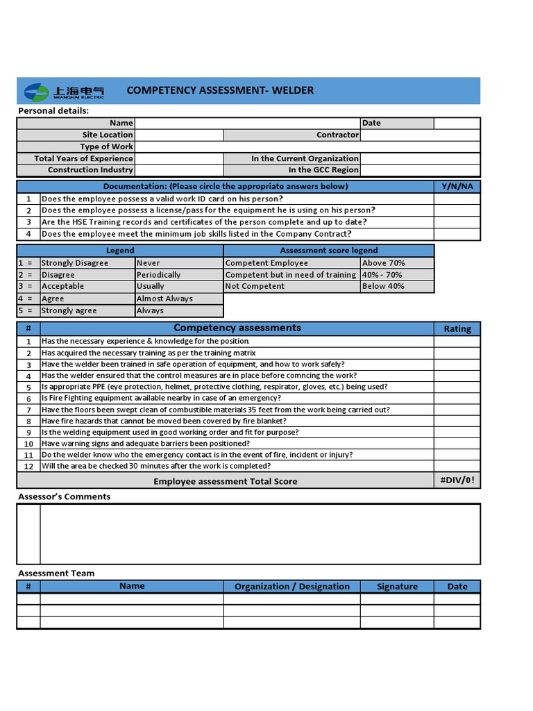 Competency AssessmentWelder PDF Personal Protective Equipment
