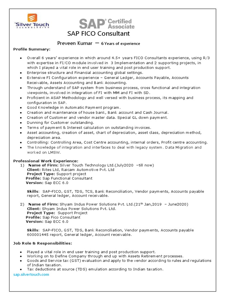 SAP FICO Consultant: Preveen Kumar | PDF | Accounts Payable | Consultant