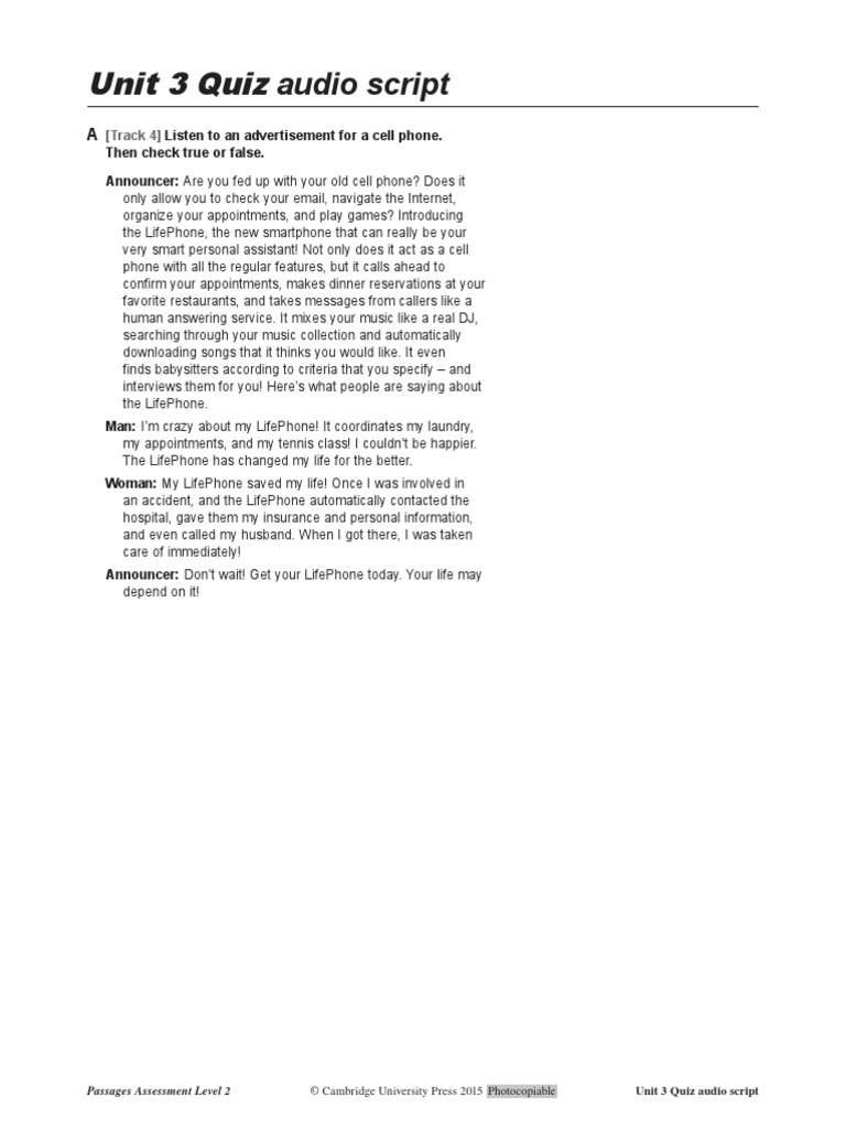 Unit 3 Quiz: Audio Script | PDF | Social Science | Lifestyle