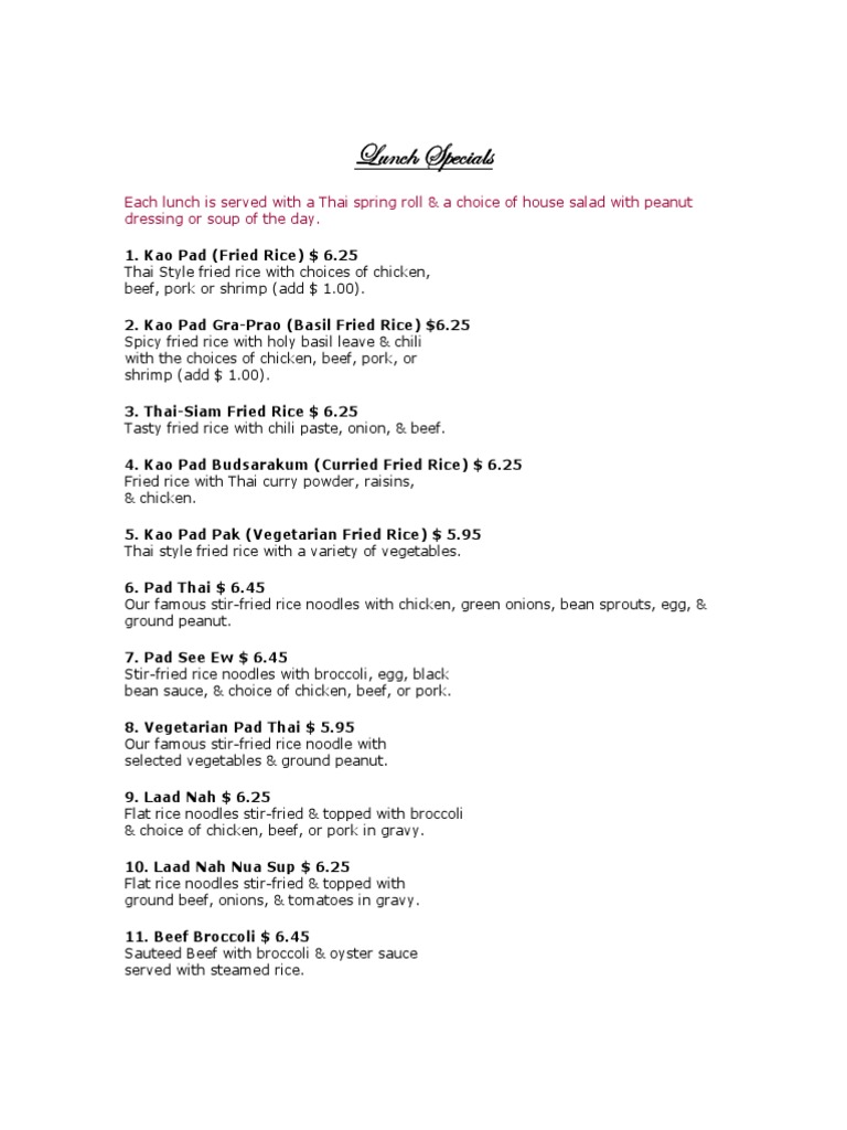 Thai Lunch Menu with Prices | PDF