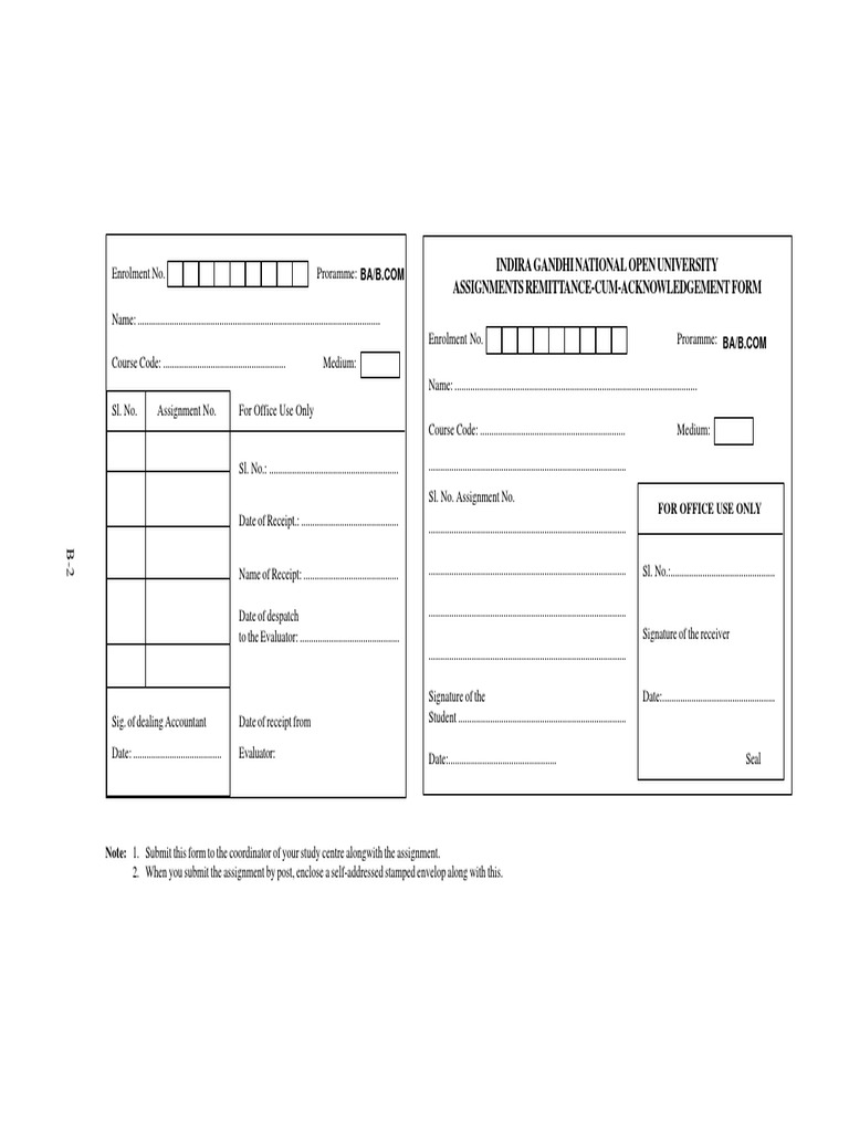 IGNOU Assignment Acknowledgement Form | PDF