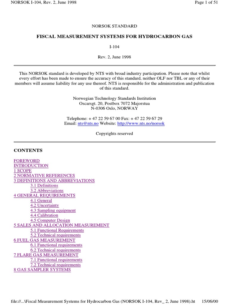 Fiscal Measurement Systems For Hydrocarbon Gas (NORSOK I-104 | PDF ...