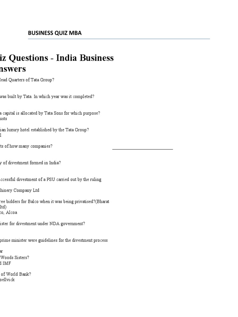 Business Quiz Mba Business Quiz Questions India Business Quiz With