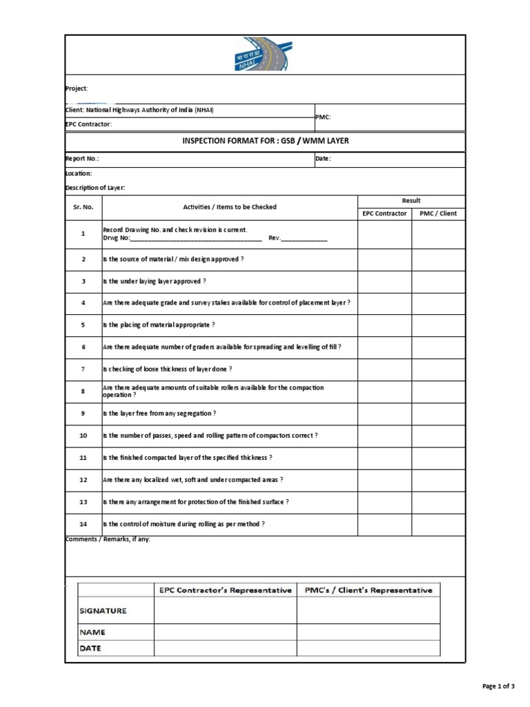 GSB/WMM Layer Inspection Checklist | PDF