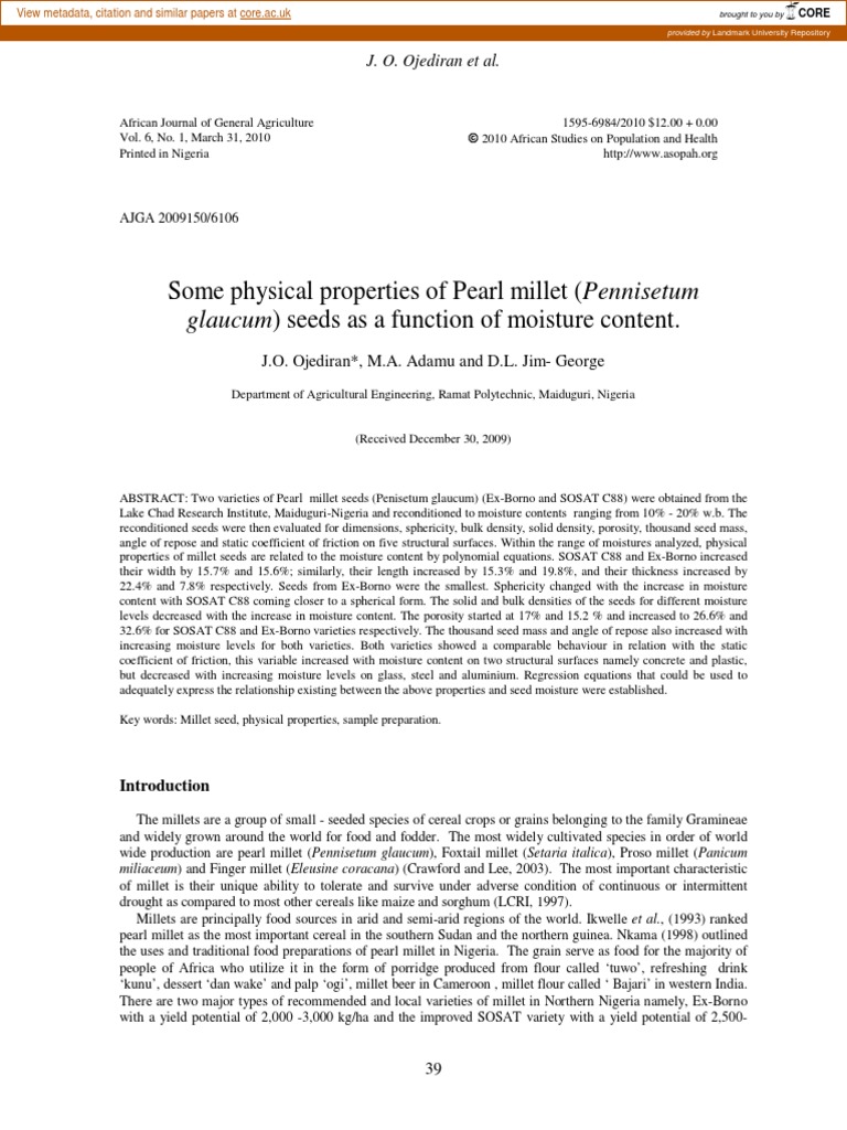 Some Physical Properties of Pearl Millet (Pennisetum) Seeds As A Function of Moisture Content