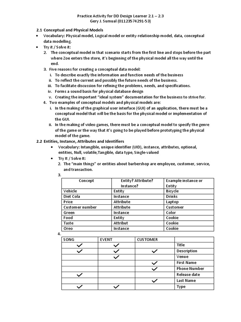 Oracle Academy - Database Design 2 Practice Activities - Answers | PDF ...