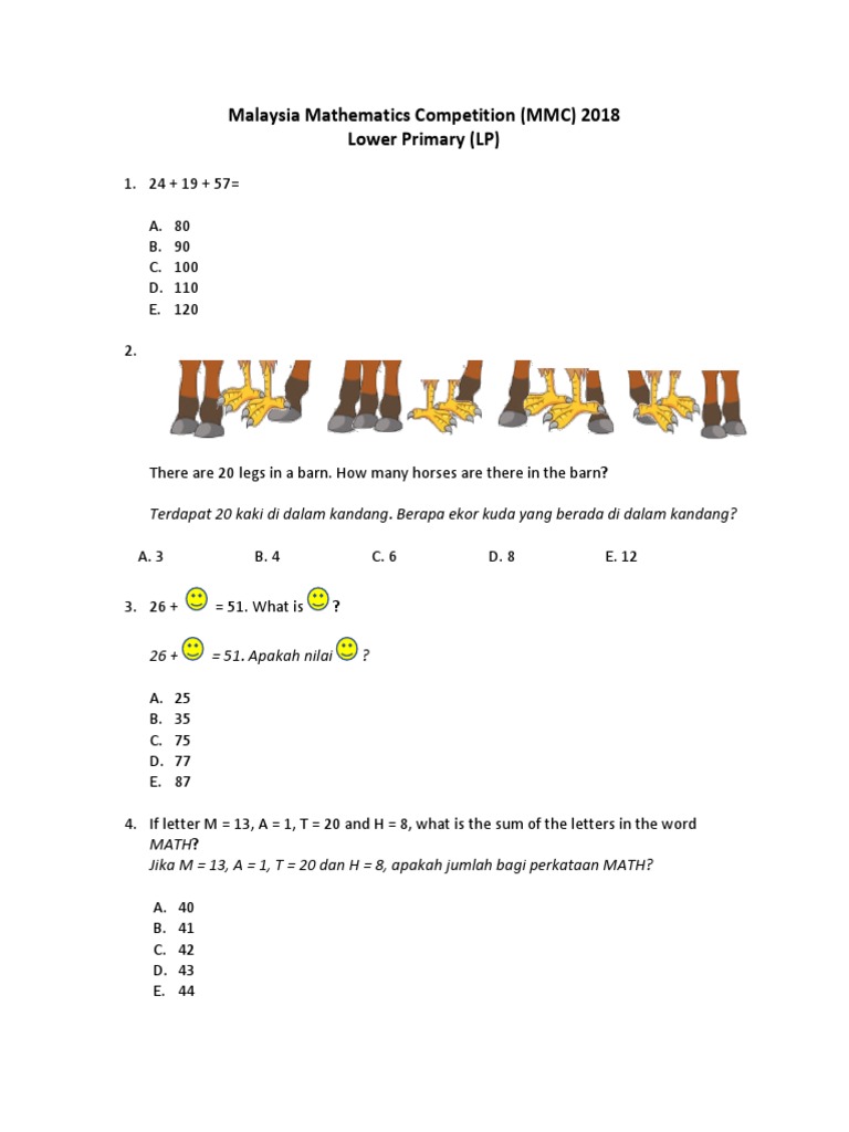 Malaysia Mathematics Competition (MMC) 2018 Lower Primary (LP) | PDF