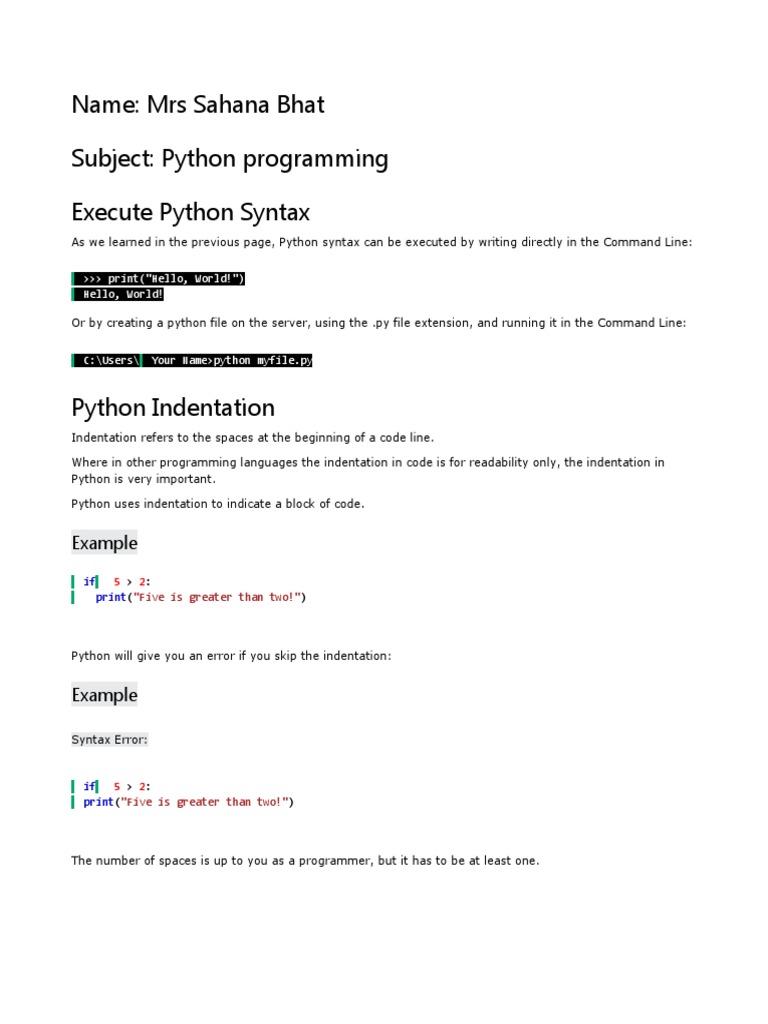 Name: Mrs Sahana Bhat Subject: Python Programming Execute Python Syntax ...