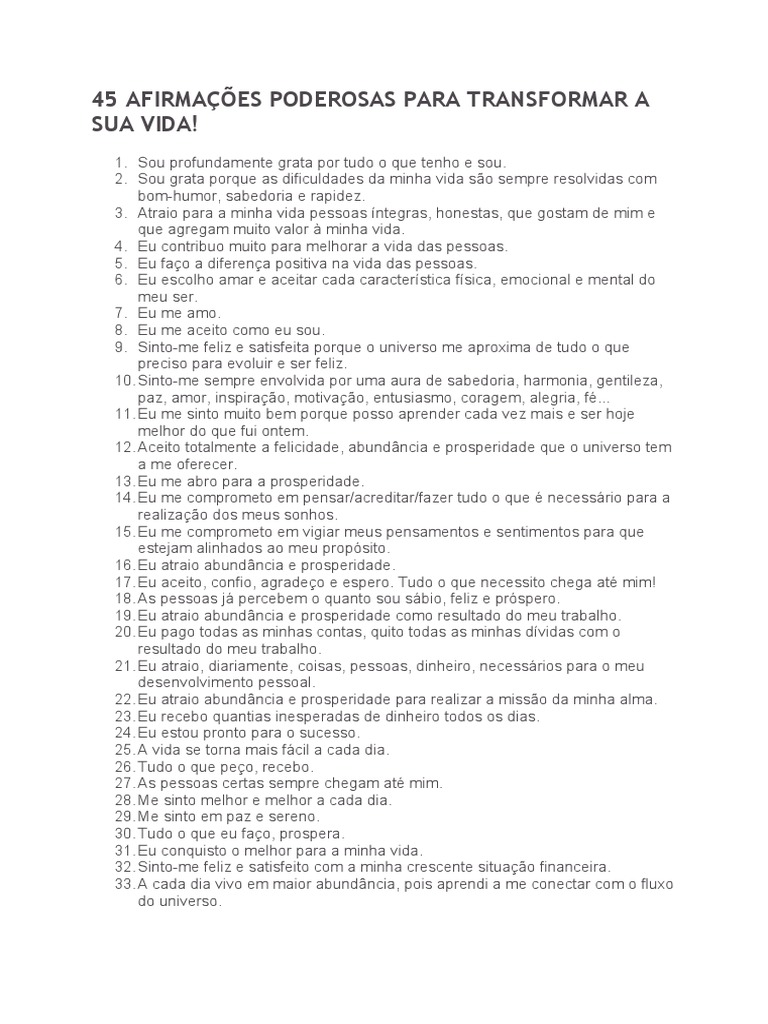 45 Afirmações Poderosas para Transformar A Sua Vida | PDF | Amor ...