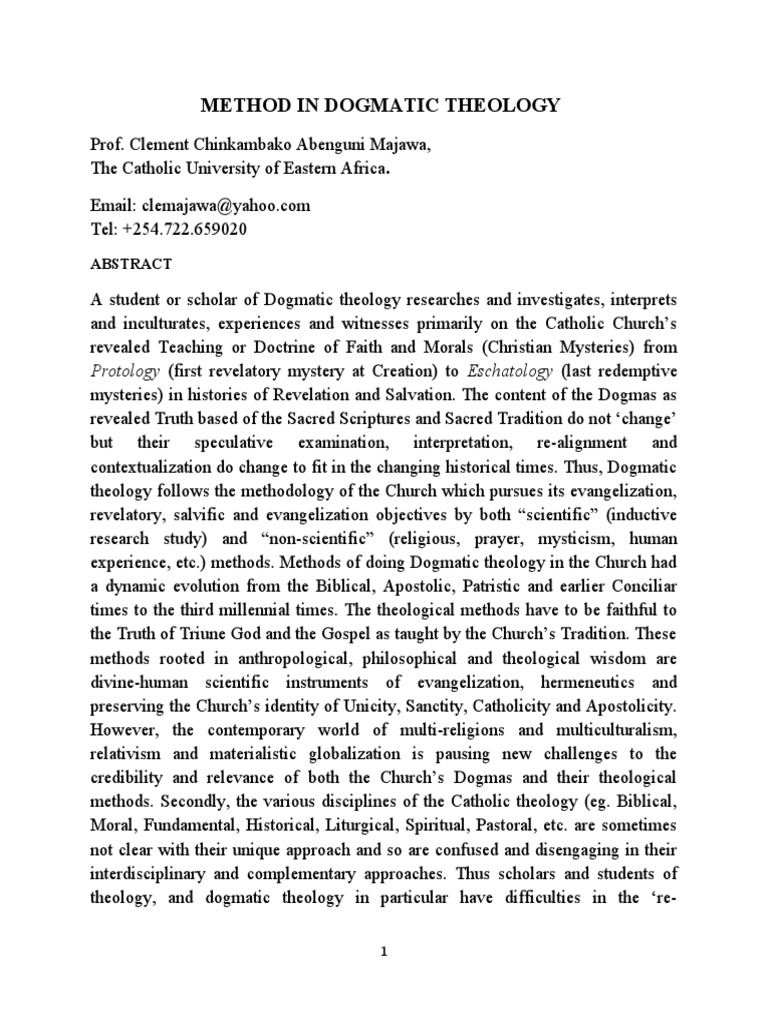 Method in Dogmatic Theology: Protology (First Revelatory Mystery at ...