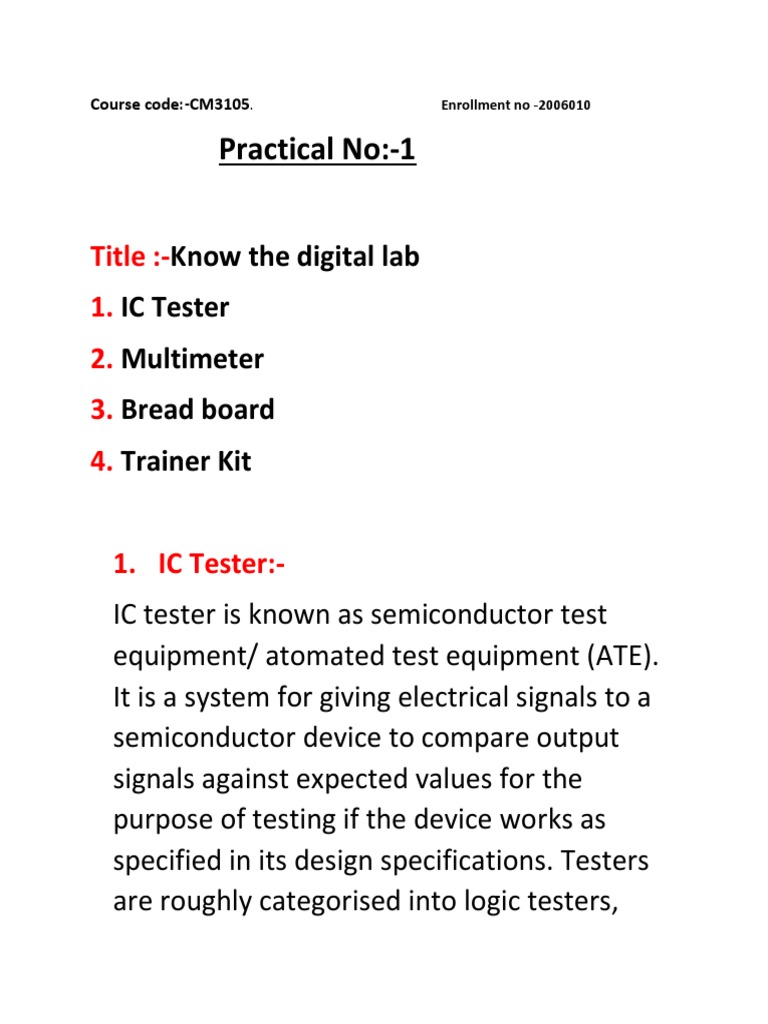 Practical No:-1: Know The Digital Lab IC Tester Multimeter Bread Board ...