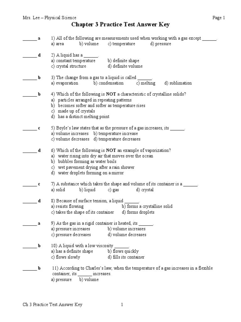 Chapter 3 Matter Practice Test Answers | PDF | Gases | Liquids