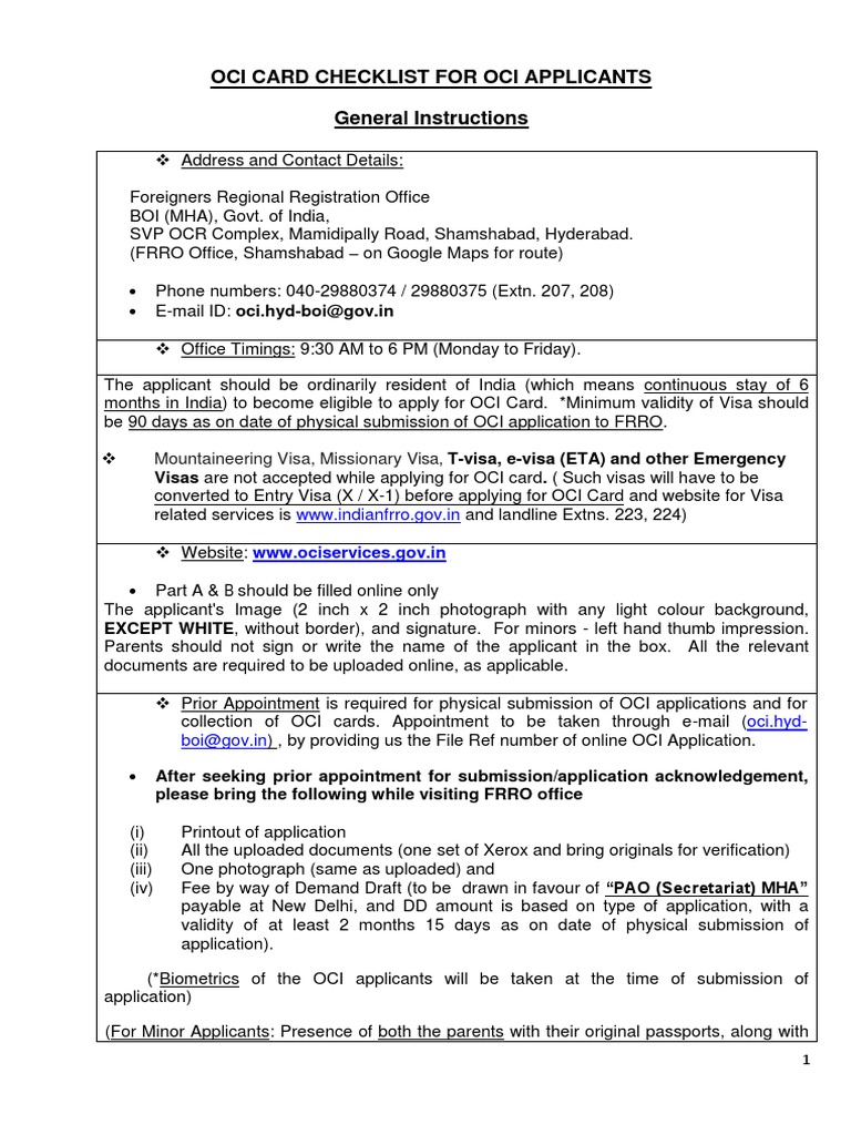 Oci Card Checklist For Oci Applicants General Instructions