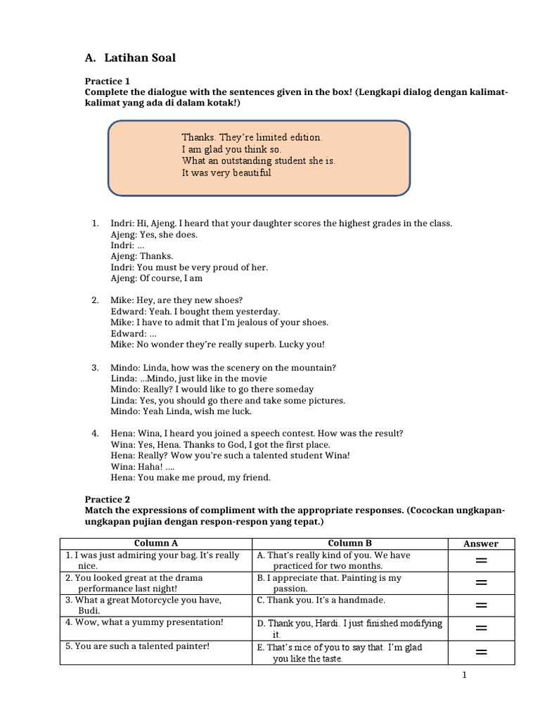 Compliment Dialogue Practice Exercises | PDF