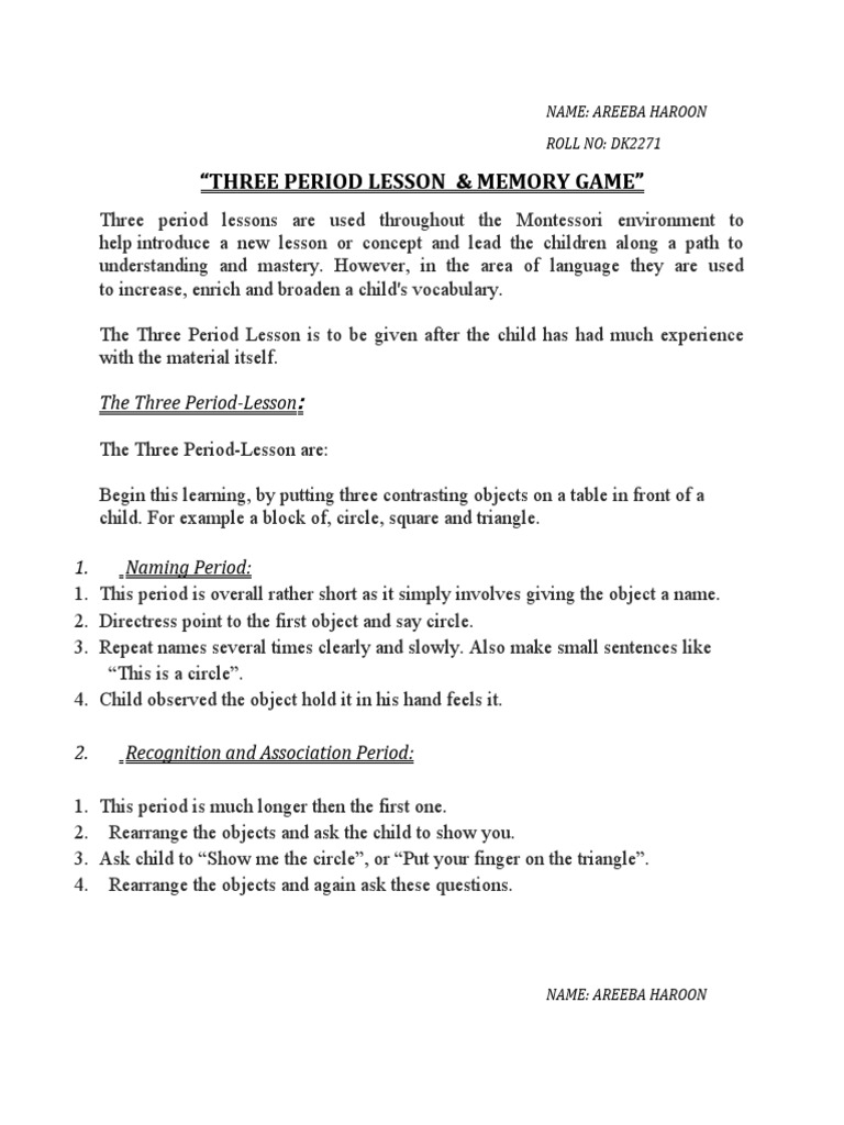 Three Period Lesson & Memory Game | PDF | Psychology | Behavior ...