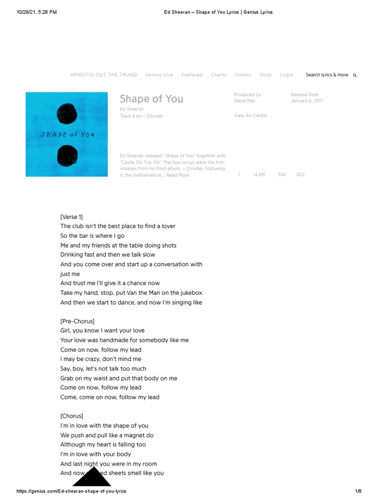 Ed Sheeran Shape Of You Lyrics Pdf Recorded Music Musical Compositions