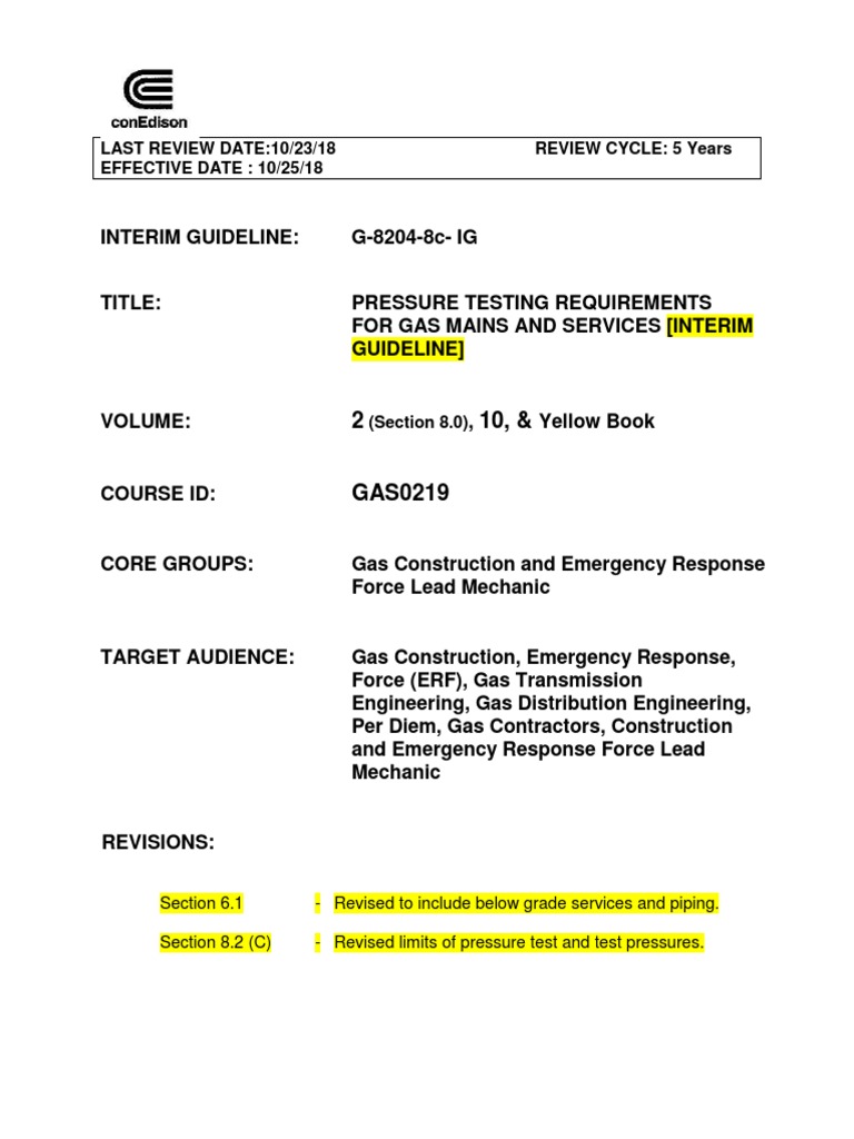 Pressure Testing Requirements For Gas Mains and Services (Interim