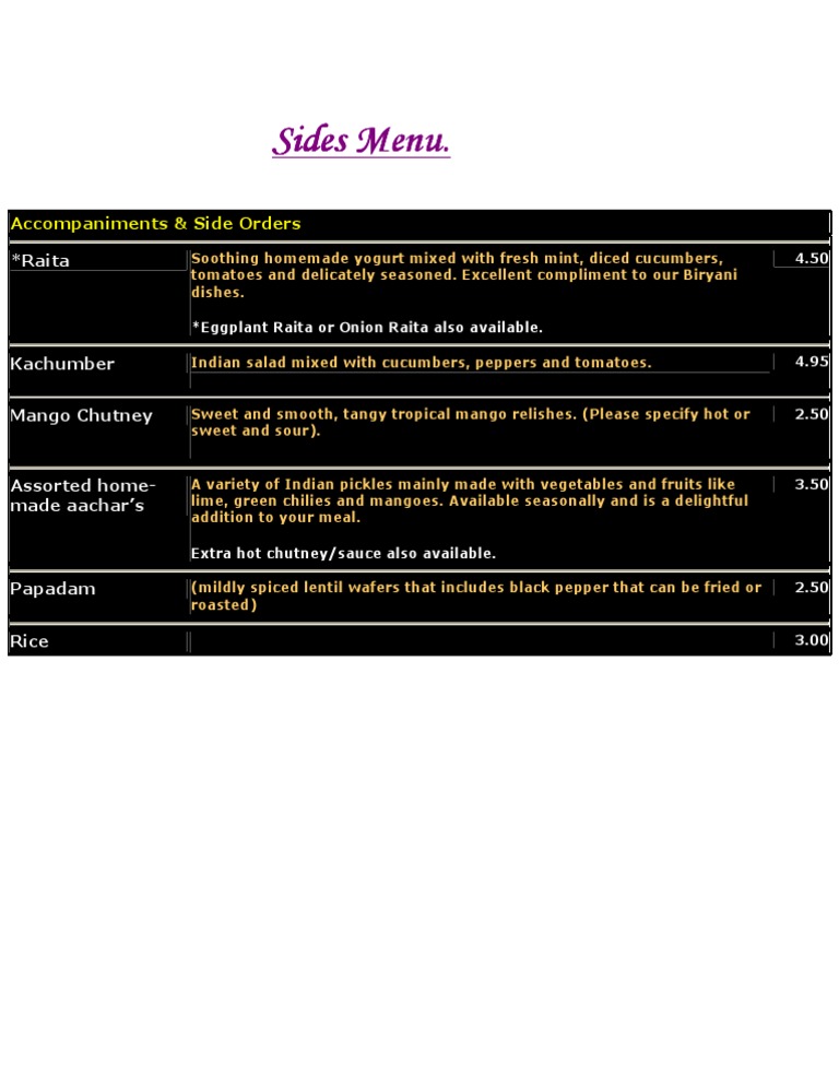 Side Orders and Accompaniments Menu | PDF