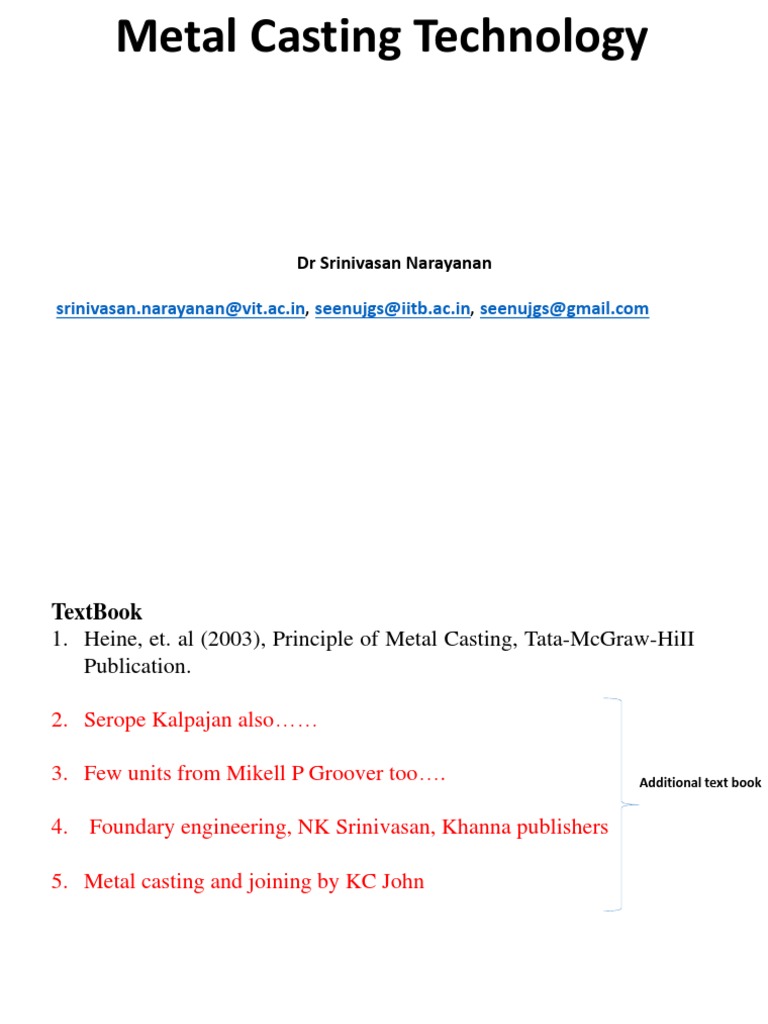 Metal Casting Technology: DR Srinivasan Narayanan | PDF | Casting ...